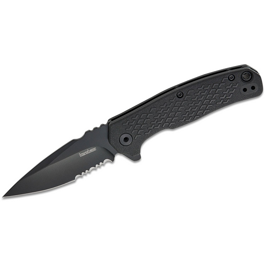 Kershaw Conduit Serrated Assisted Open Liner Lock 8Cr13MoV with Black-Oxide Coating Spear Point Blade Tactical Folding Pocket Knife - Black