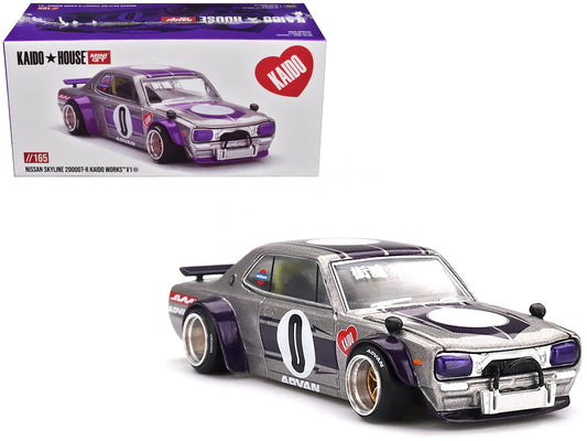 Nissan Skyline 2000GT-R (KPGC10) "Kaido Works V1" RHD (Right Hand Drive) #0 Silver Metallic with Purple Stripes (Designed by Jun Imai) "Kaido House" Special 1/64 T&y Diecast Model Car by Mini GT