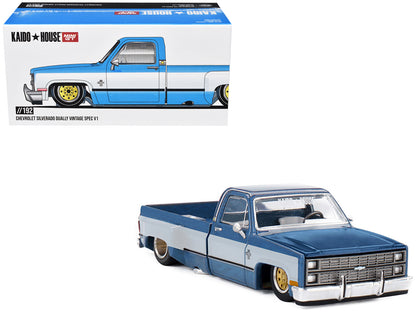 Chevrolet Silverado Dually Pickup Truck "Vintage Spec V1" Light Blue Metallic with White Sides and Interior (Designed by Jun Imai) "Kaido House" Special 1/64 T&y Diecast Model Car by Mini GT