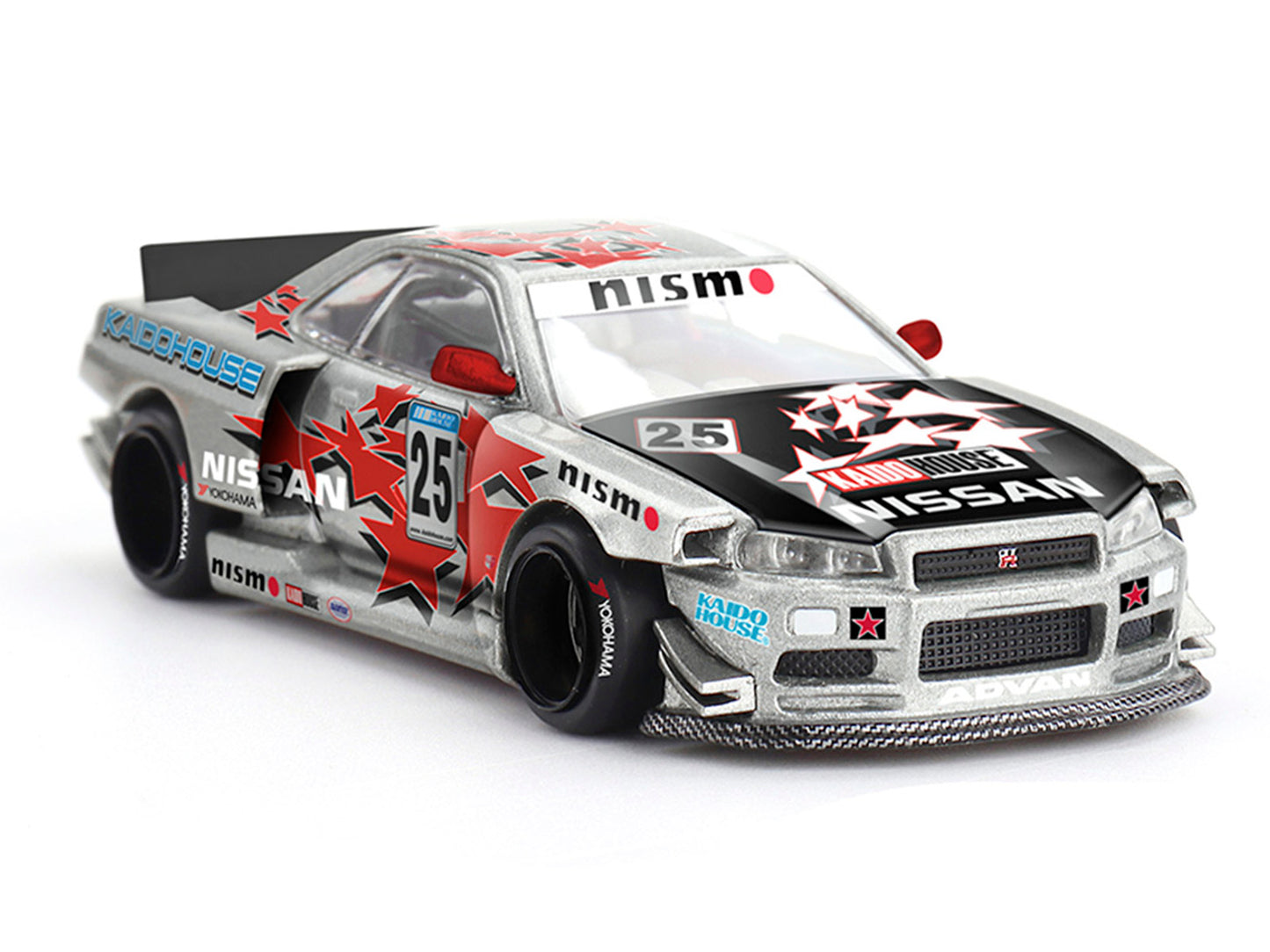 Nissan Skyline GT-R (R34) "Kaido Star Racing V1" RHD (Right Hand Drive) #25 Gray Metallic with Black Hood and Graphics (Designed by Jun Imai) "Kaido House" Special 1/64 T&y Diecast Model Car by Mini GT