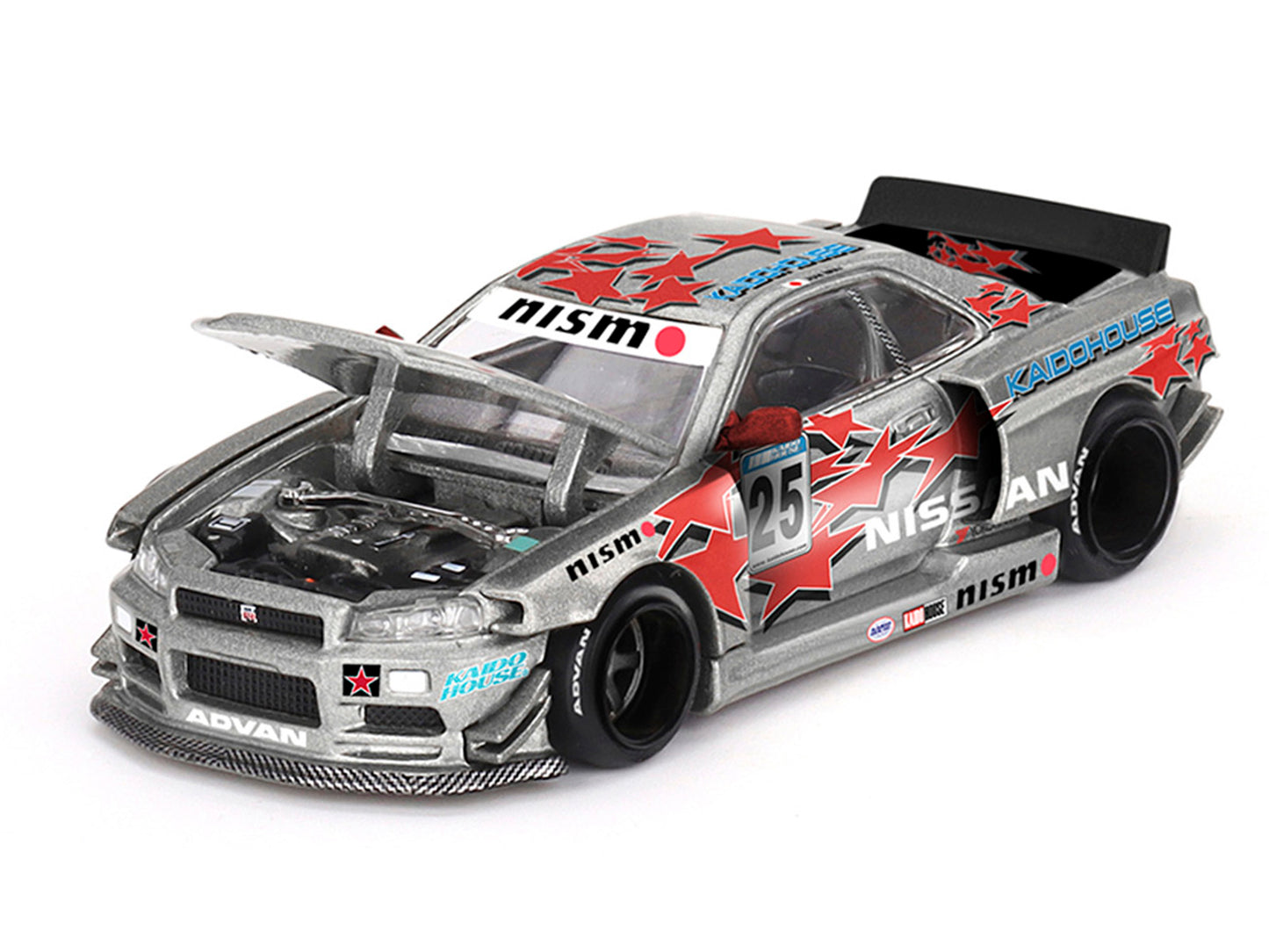 Nissan Skyline GT-R (R34) "Kaido Star Racing V1" RHD (Right Hand Drive) #25 Gray Metallic with Black Hood and Graphics (Designed by Jun Imai) "Kaido House" Special 1/64 T&y Diecast Model Car by Mini GT