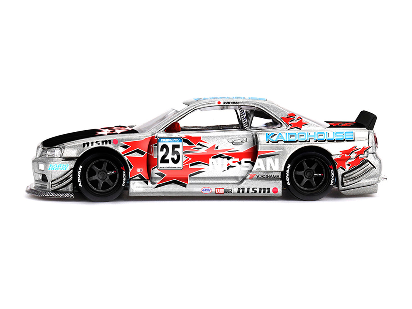 Nissan Skyline GT-R (R34) "Kaido Star Racing V1" RHD (Right Hand Drive) #25 Gray Metallic with Black Hood and Graphics (Designed by Jun Imai) "Kaido House" Special 1/64 T&y Diecast Model Car by Mini GT