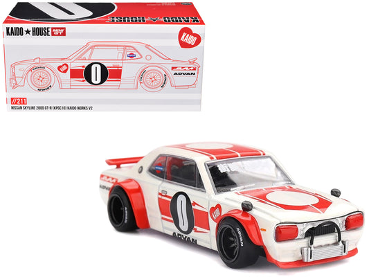 Nissan Skyline 2000GT-R (KPGC10) "Kaido Works V2" RHD (Right Hand Drive) White with Red Stripes (Designed by Jun Imai) "Kaido House" Special 1/64 T&y Diecast Model Car by Mini GT