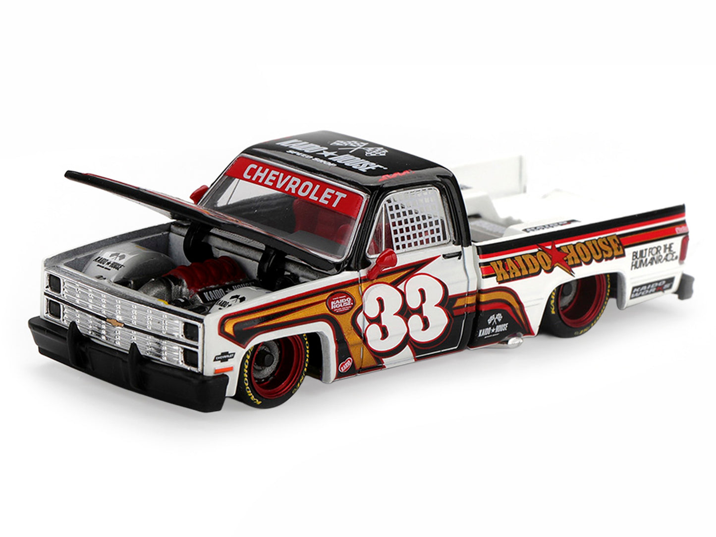 Chevrolet Silverado Pickup Truck #33 "Kaido Intimidator V1" White and Black with Graphics (Designed by Jun Imai) "Kaido House" Special 1/64 Diecast Model Car by Mini GT