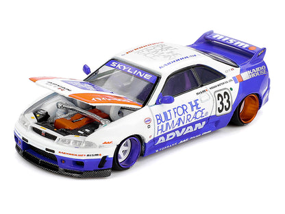 Nissan Skyline GT-R (R33) RHD (Right Hand Drive) #33 "BFTHR V1" Blue and White with Graphics (Designed by Jun Imai) "Kaido House" Special 1/64 T&y Diecast Model Car by Mini GT