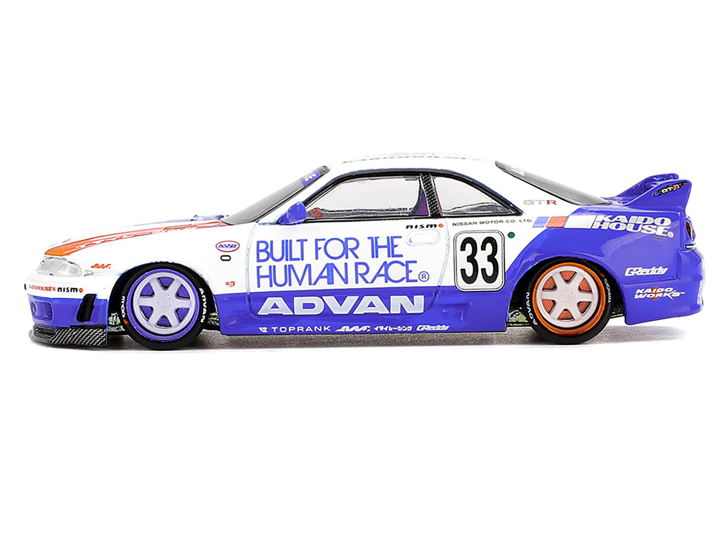 Nissan Skyline GT-R (R33) RHD (Right Hand Drive) #33 "BFTHR V1" Blue and White with Graphics (Designed by Jun Imai) "Kaido House" Special 1/64 T&y Diecast Model Car by Mini GT