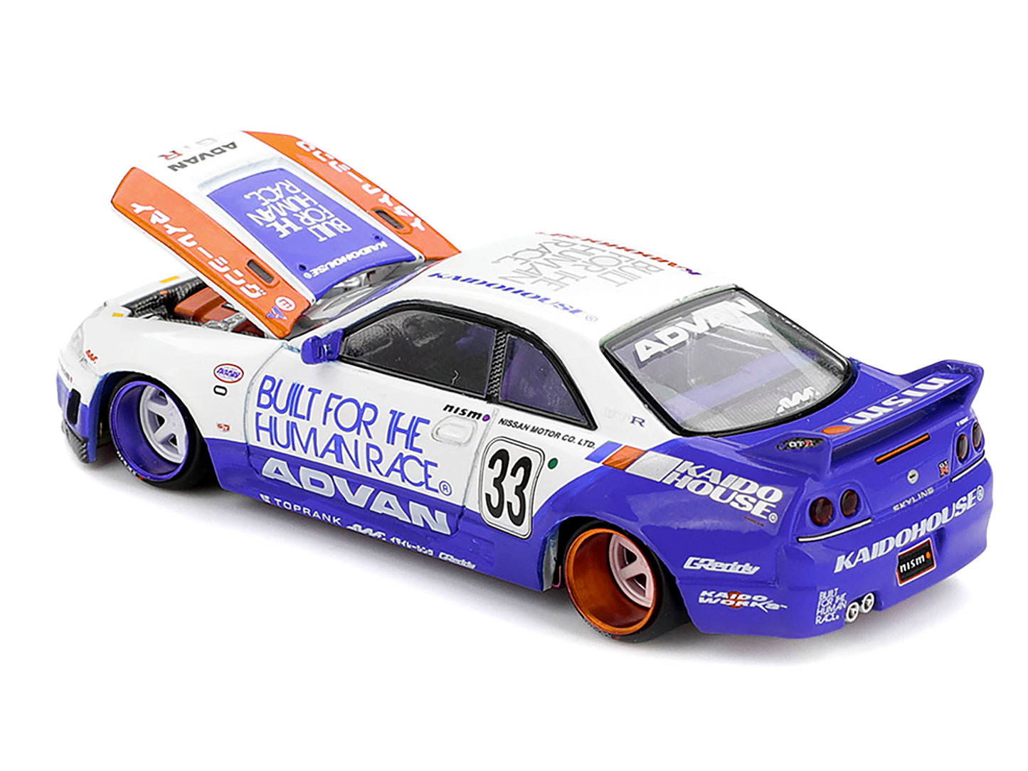 Nissan Skyline GT-R (R33) RHD (Right Hand Drive) #33 "BFTHR V1" Blue and White with Graphics (Designed by Jun Imai) "Kaido House" Special 1/64 T&y Diecast Model Car by Mini GT