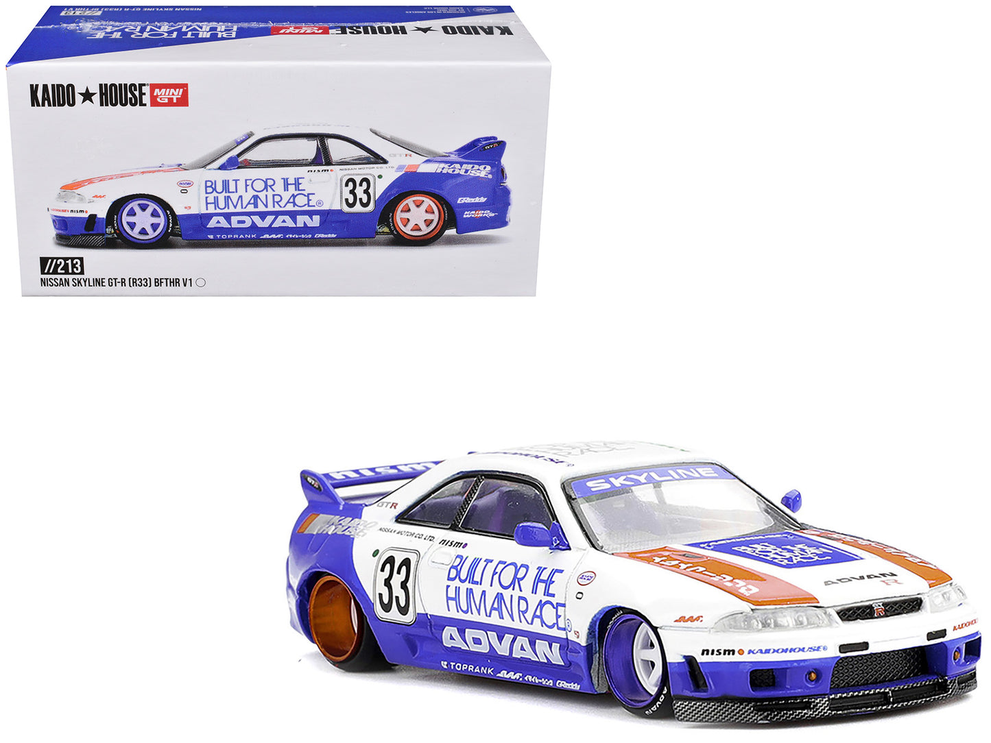 Nissan Skyline GT-R (R33) RHD (Right Hand Drive) #33 "BFTHR V1" Blue and White with Graphics (Designed by Jun Imai) "Kaido House" Special 1/64 T&y Diecast Model Car by Mini GT