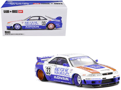 Nissan Skyline GT-R (R33) RHD (Right Hand Drive) #33 "BFTHR V1" Blue and White with Graphics (Designed by Jun Imai) "Kaido House" Special 1/64 T&y Diecast Model Car by Mini GT