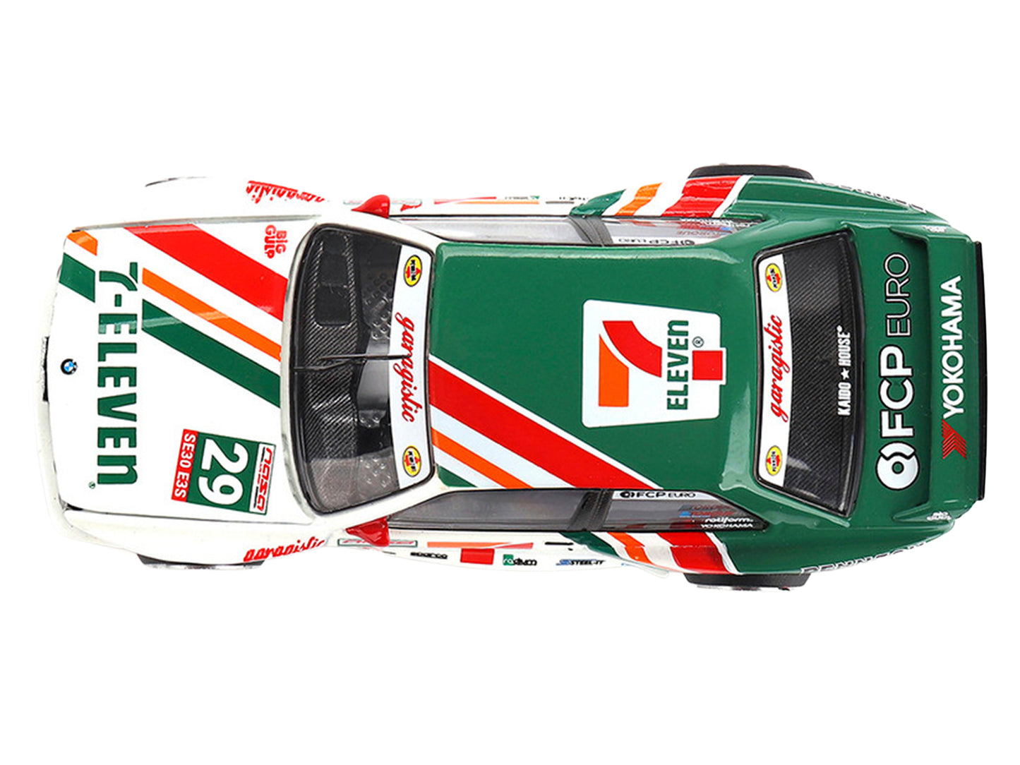 BMW M3 "Kaido Works Larry Chen V1" #29 "7-Eleven" White and Green with Graphics (Designed by Jun Imai) "Kaido House" Special 1/64 Diecast Model Car by Mini GT