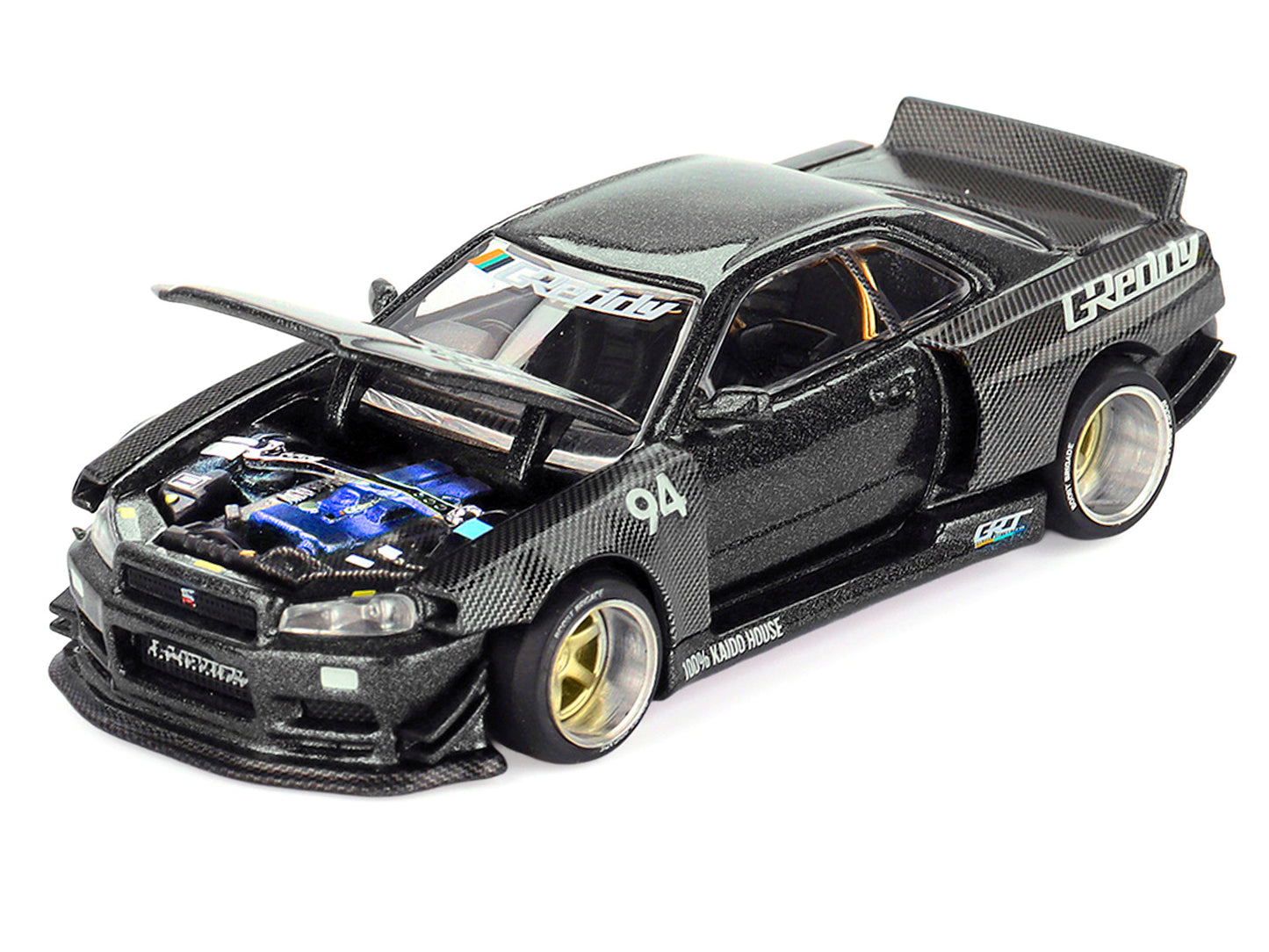Nissan Skyline GT-R (R34) RHD (Right Hand Drive) #94 "Kaido Works GReddy V2" Carbon Fiber and Dark Gray Metallic (Designed by Jun Imai) "Kaido House" Special 1/64 Diecast Model Car by Mini GT