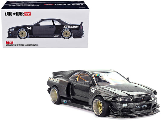 Nissan Skyline GT-R (R34) RHD (Right Hand Drive) #94 "Kaido Works GReddy V2" Carbon Fiber and Dark Gray Metallic (Designed by Jun Imai) "Kaido House" Special 1/64 T&y Diecast Model Car by Mini GT