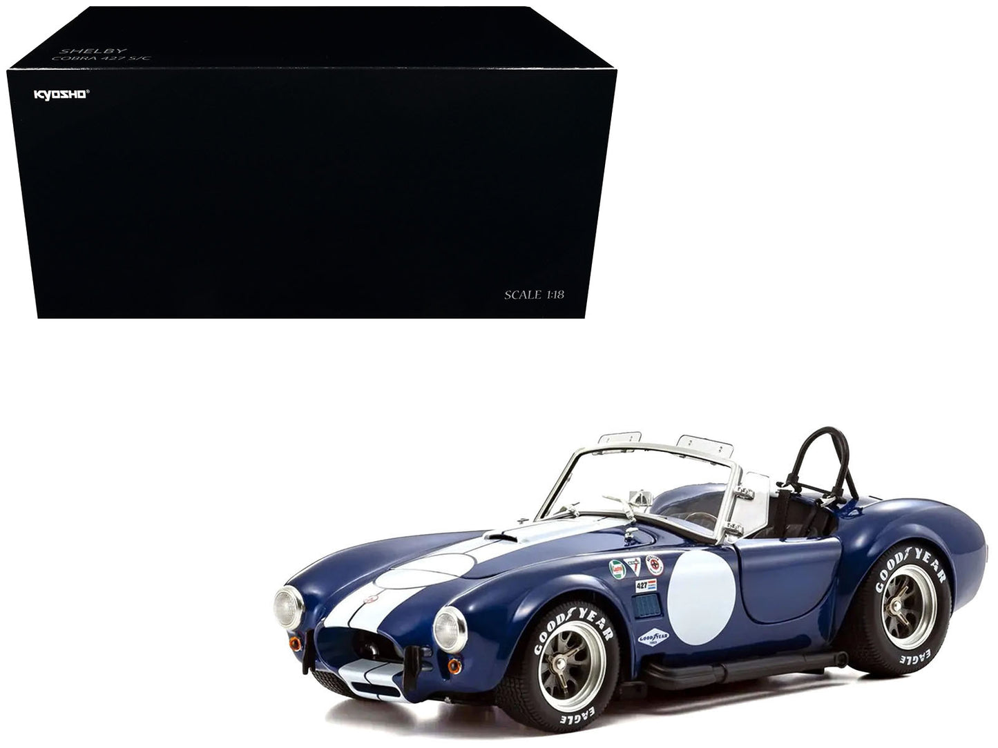 Shelby Cobra 427 S/C Blue with White Stripes and Race Graphics 1/18 Diecast Model Car by Kyosho