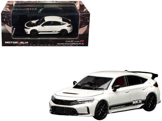Honda Civic Type R (FL5) RHD (Right Hand Drive) "HKS" White with Black Stripes 1/64 Diecast Model Car by MotorHelix