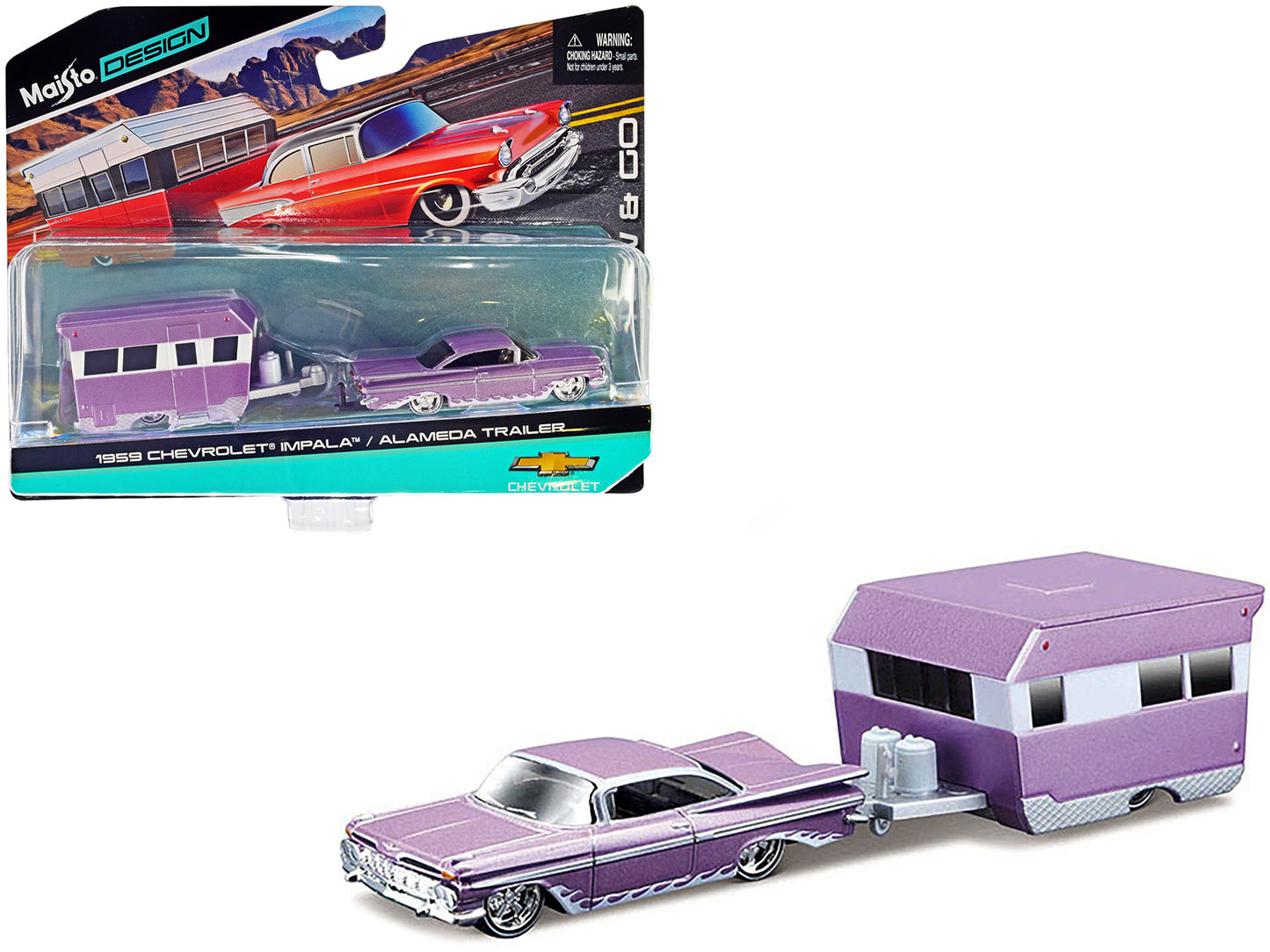 Maisto 1959 Chevrolet Impala Purple Metallic with White Graphics and Alameda Trailer "Tow & Go" Series 1/64 Diecast Model Car by <h2>1959 Maisto</h2> <p>High-quality perfect for collectors enthusiasts