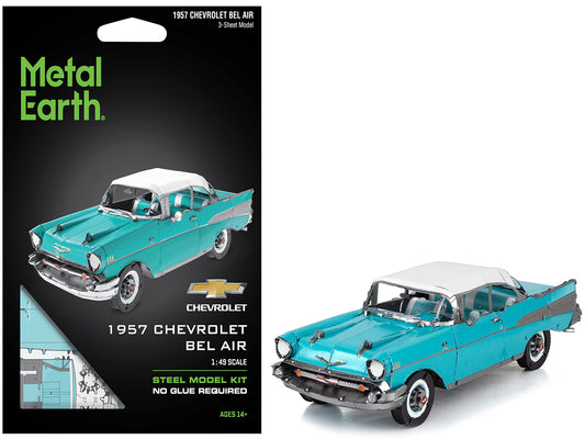Model Kit 1957 Chevrolet Bel Air Turquoise with White Top (Challenging Difficulty) Steel Model by Metal Earth T&y