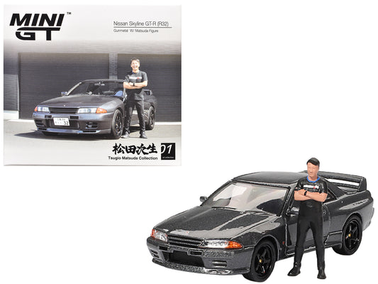 Nissan Skyline GT-R (R32) RHD (Right Hand Drive) Gunmetal Gray Metallic with Tsugio Matsuda Figure Limited Edition 1/64 T&y Diecast Model Car by Mini GT