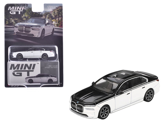 BMW i7 xDrive60 Dravit Alpine White and Black Sapphire Limited Edition 1/64 T&y Diecast Model Car by Mini GT