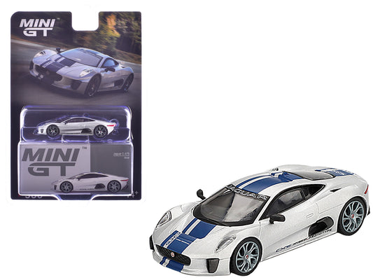 Jaguar C-X75 Silver Metallic with Blue Stripes Limited Edition 1/64 T&y Diecast Model Car by Mini GT
