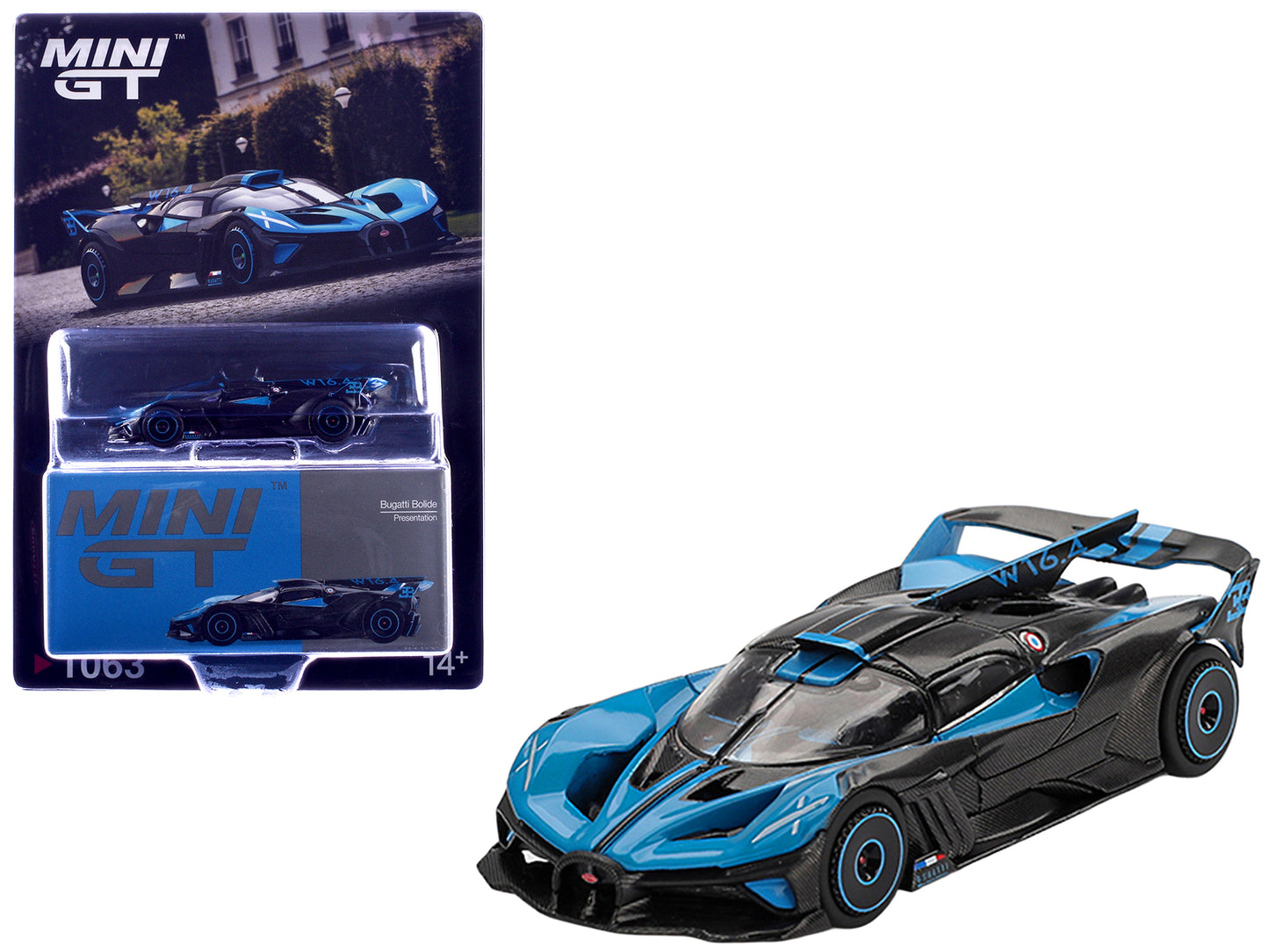 Bugatti Bolide Presentation Blue and Carbon Fiber Limited Edition 1/64 T&y Diecast Model Car by Mini GT