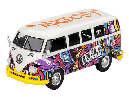 Volkswagen T1 Microbus White Graffiti Graphics 1/64 Diecast Model Car - Mini GT