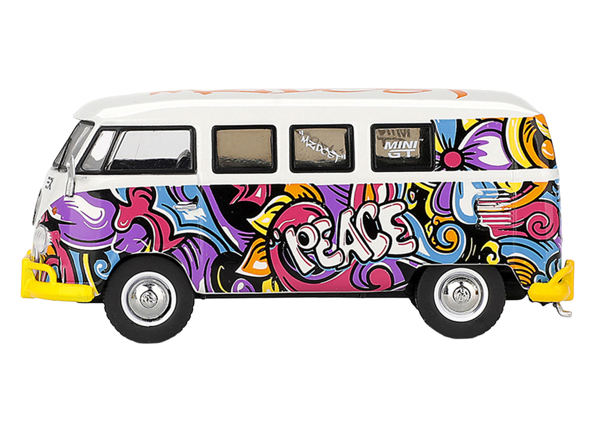 Volkswagen T1 Microbus White Graffiti Graphics 1/64 Diecast Model Car - Mini GT