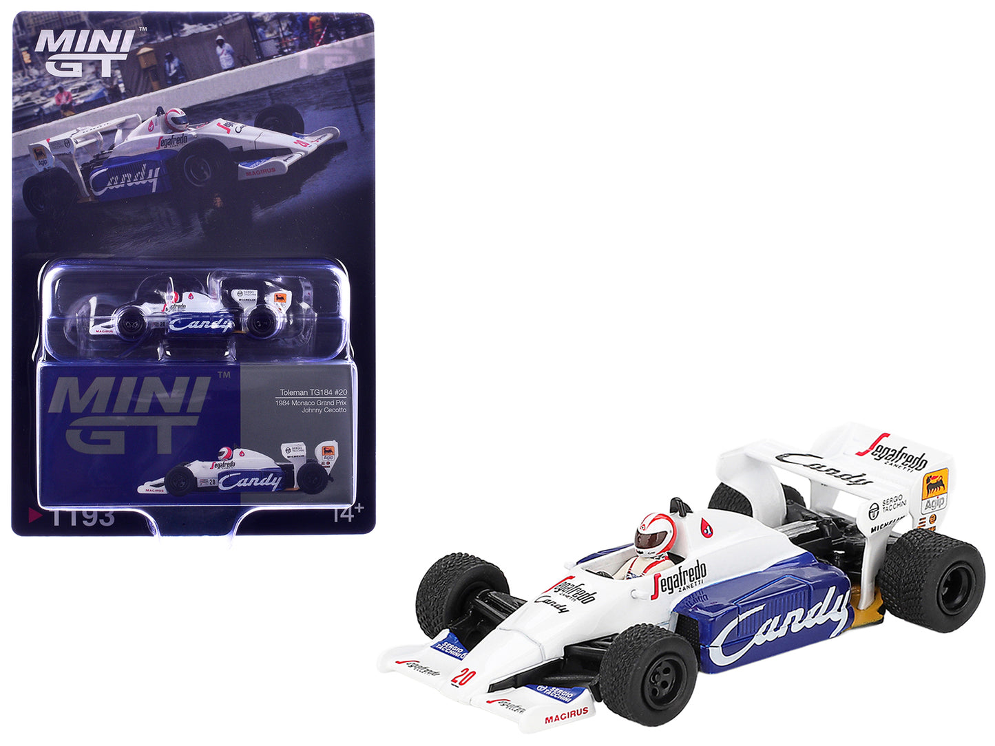 Toleman TG184 #20 Johnny Cecotto Formula One F1 "Monaco GP" (1984) with Driver Figure Limited Edition 1/64 T&y Diecast Model Car by Mini GT