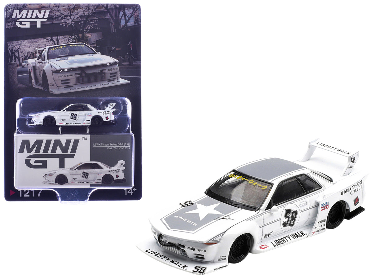 Nissan Skyline GT-R (R32) RHD #58 White Gray 1/64 Diecast Model Car - Mini GT