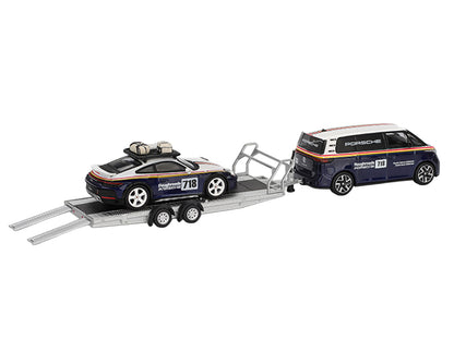 Porsche 911 Dakar #718 Blue and White with Roof Rack and Volkswagen ID. Buzz Blue and White with Flatbed Trailer "Porsche Centrum Gelderland Roughroads" Set of 3 pieces Limited Edition 1/64 Diecast Model Car by Mini GT