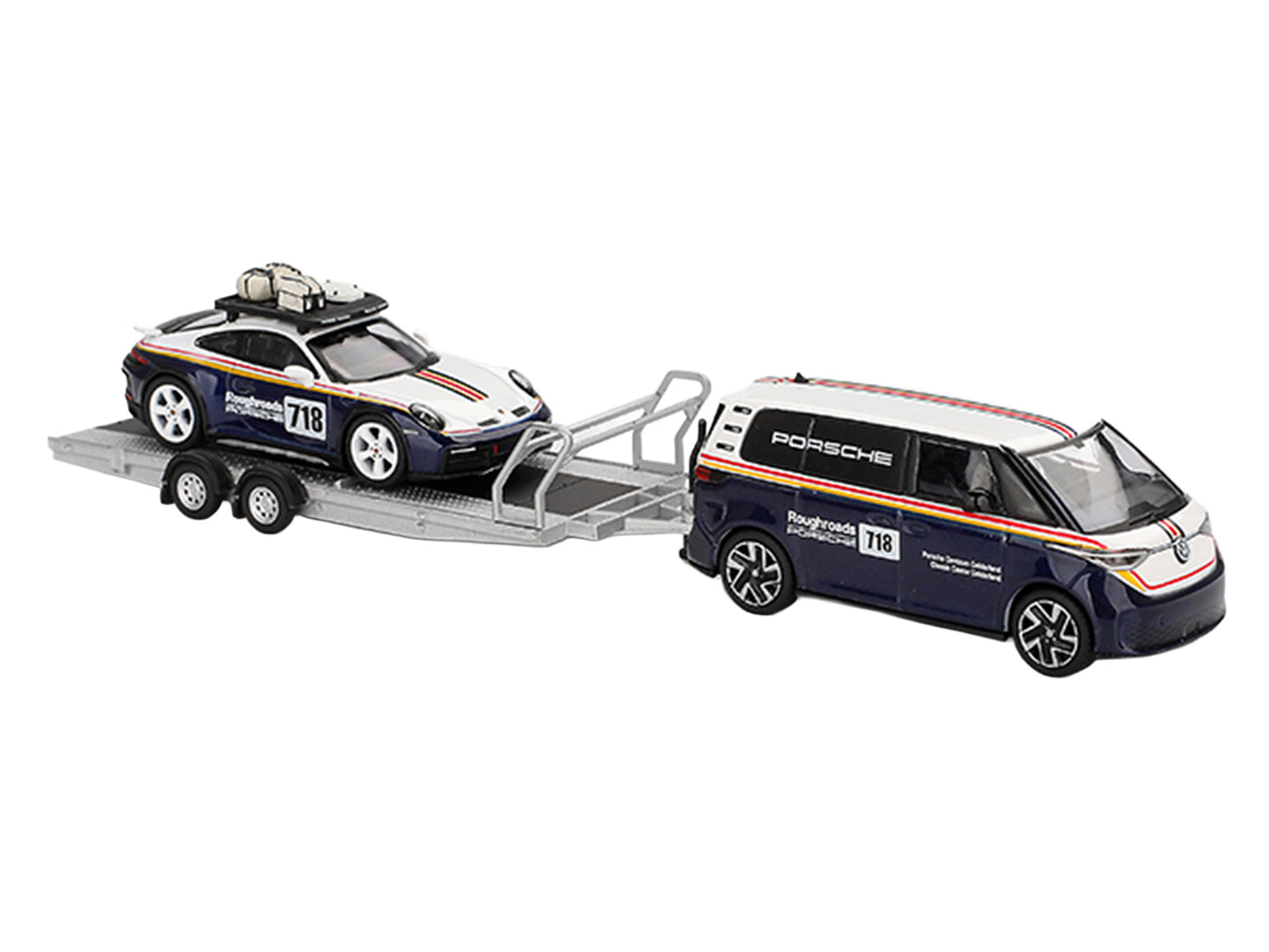 Porsche 911 Dakar #718 Blue and White with Roof Rack and Volkswagen ID. Buzz Blue and White with Flatbed Trailer "Porsche Centrum Gelderland Roughroads" Set of 3 pieces Limited Edition 1/64 Diecast Model Car by Mini GT