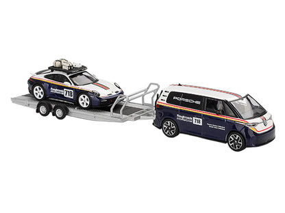 Porsche 911 Dakar #718 Blue and White with Roof Rack and Volkswagen ID. Buzz Blue and White with Flatbed Trailer "Porsche Centrum Gelderland Roughroads" Set of 3 pieces Limited Edition 1/64 Diecast Model Car by Mini GT