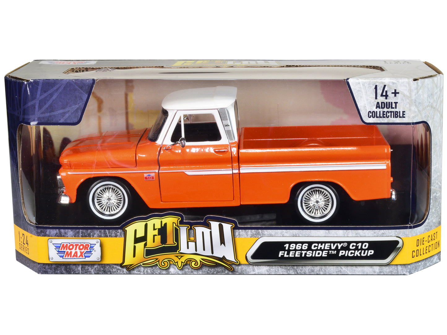 1966 Chevrolet C10 Fleetside Pickup Truck Lowrider Orange Metallic with White Top "Get Low" Series 1/24 Diecast Model Car by Motormax <h2>1966 Motormax</h2> <p>High-quality perfect for collectors and