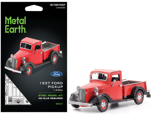 Model Kit 1937 Ford Pickup Truck Red and Black (Moderate Difficulty) Steel Model by Metal Earth T&y