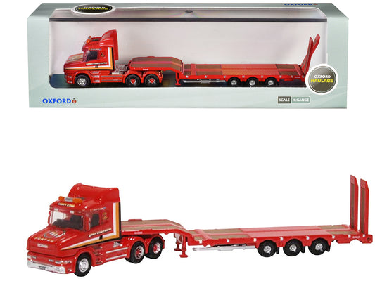 Scania T-Cab Truck RHD (Right Hand Drive) with Lowboy Trailer "Sandy Kydd" Red with Stripes 1/148 (N) Scale T&y Diecast Model Car by Oxford T&y Diecast