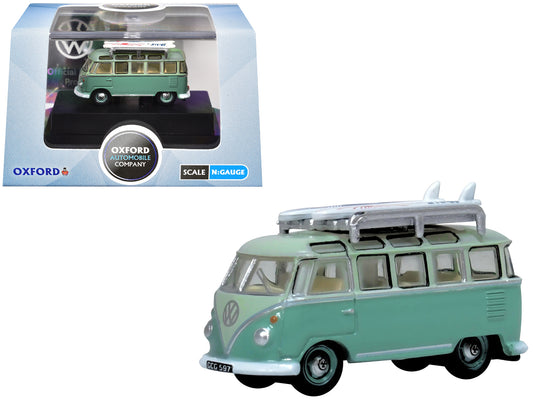 Volkswagen T1 Samba Bus RHD (Right Hand Drive) Green Two-Tone with Surfboards on Roof Rack 1/148 (N) Scale T&y Diecast Model Car by Oxford T&y Diecast