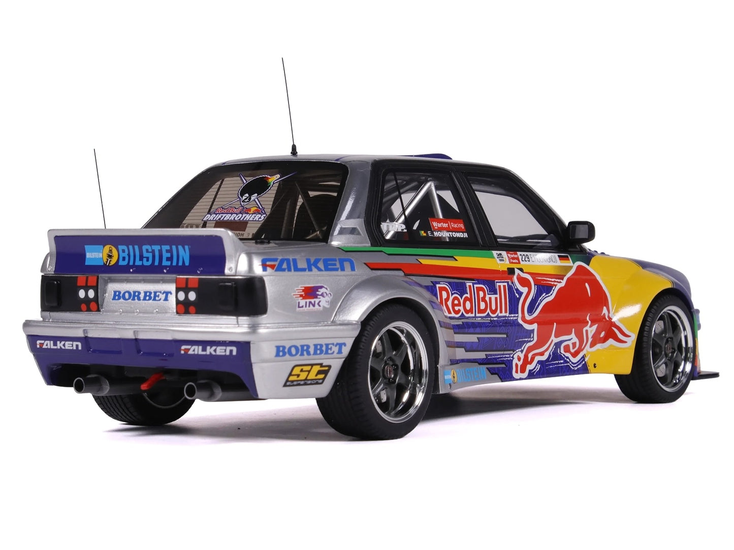 2023 BMW E30 V8 Drift "Red Bull Driftbrothers" Blue and Silver with Graphics Limited Edition to 3000 pieces Worldwide 1/18 Model Car by Otto Mobile