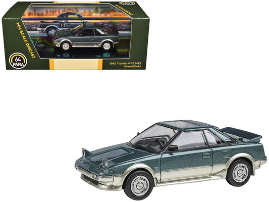 1985 T&yota MR2 MK1 Green Metallic and Gold with Sunroof 1/64 T&y Diecast Model Car by Paragon Models
