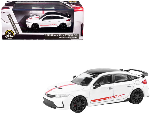 2025 Honda Civic Type R FL5 "Ultimate Edition" White with Red Stripes and Black Top 1/64 T&y Diecast Model Car by Paragon