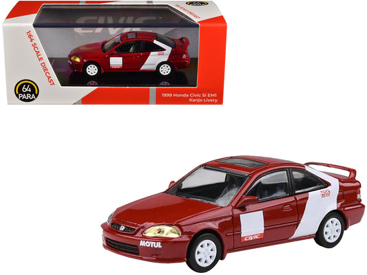 1999 Honda Civic Si EM1 "Kanjo Livery" Red with White Stripes 1/64 T&y Diecast Model Car by Paragon Models