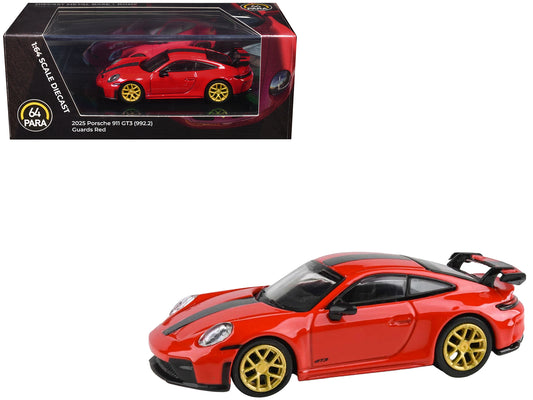 2025 Porsche 911 GT3 (992.2) Guards Red with Carbon Stripe and Gold Wheels 1/64 T&y Diecast Model Car by Paragon Models
