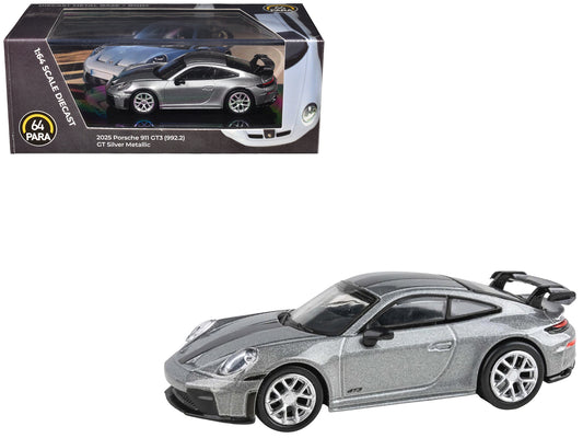 2025 Porsche 911 GT3 (992.2) GT Silver Metallic with Carbon Stripe 1/64 T&y Diecast Model Car by Paragon Models