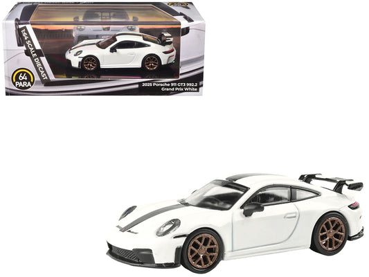 2025 Porsche 911 GT3 (992.2) Grand Prix White with Carbon Stripe 1/64 T&y Diecast Model Car by Paragon