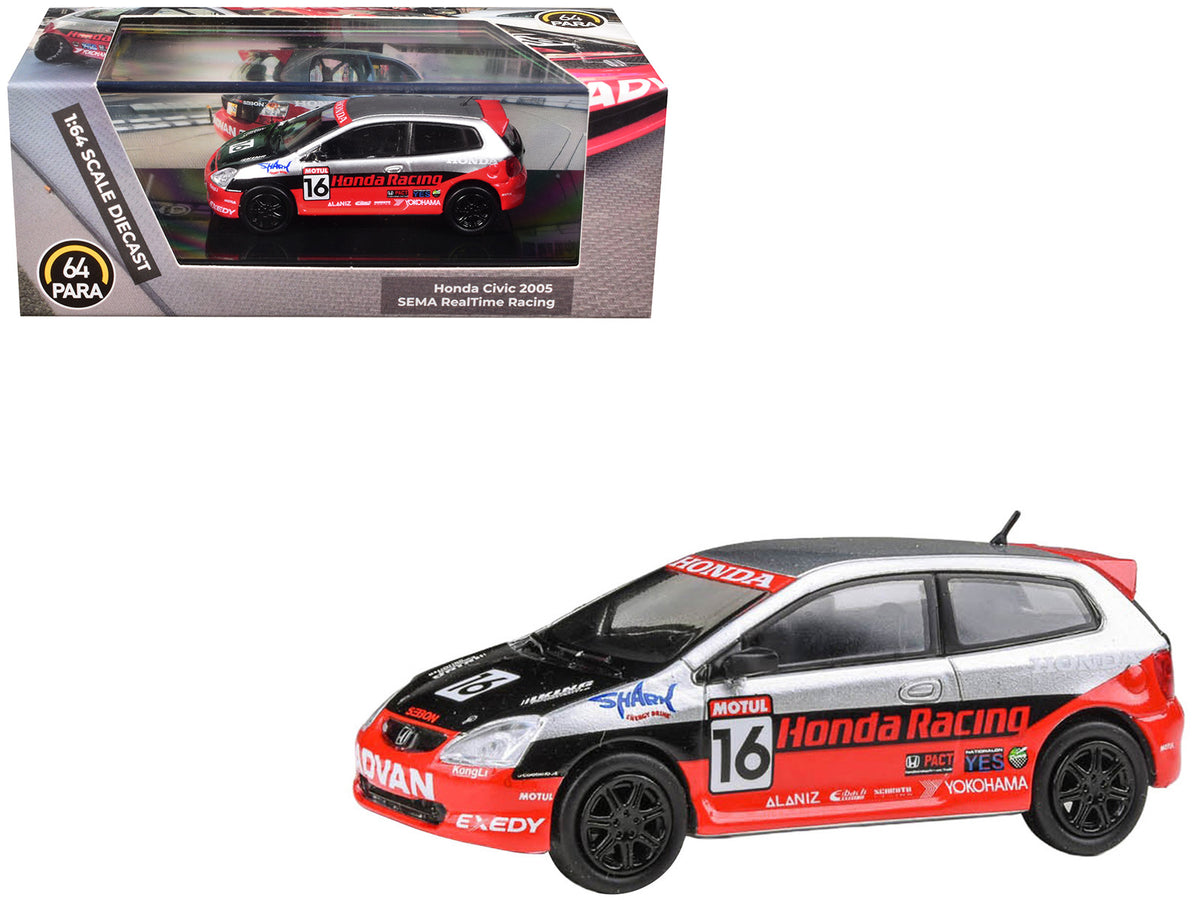 2005 Honda Civic #16 Silver Metallic Red Black 1/64 Diecast Model Car - Paragon