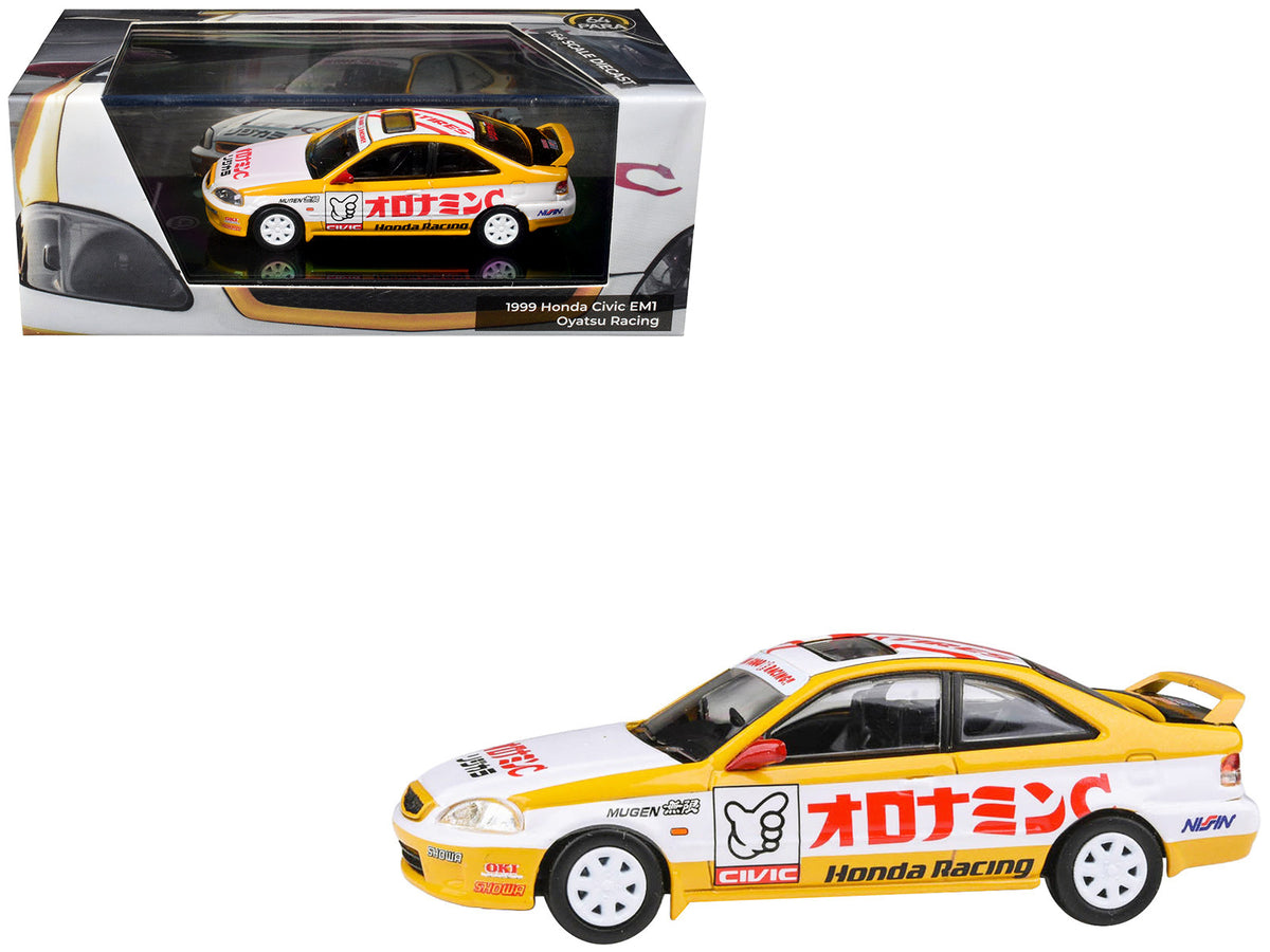 1999 Honda Civic EM1 RHD White Yellow Graphics 1/64 Diecast Model Car - Paragon