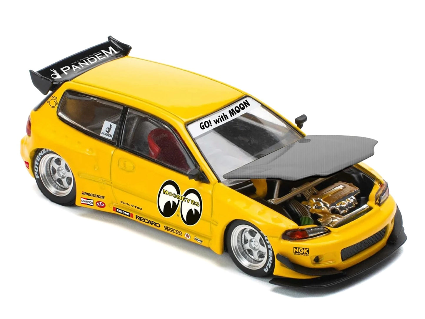 Pandem Civic EG6 RHD (Right Hand Drive) "Mooneyes" Yellow with Carbon Hood "Enigma Exclusive Edition" 1/64 T&y Diecast Model Car by Pop Race