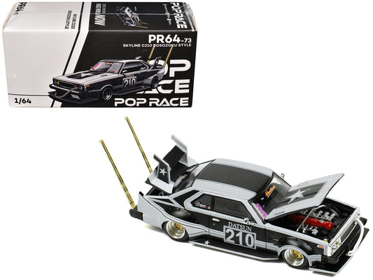 Skyline C210 "Bosozoku Style" RHD (Right Hand Drive) #210 Matt Black and Silver 1/64 Diecast Model Car by Pop Race