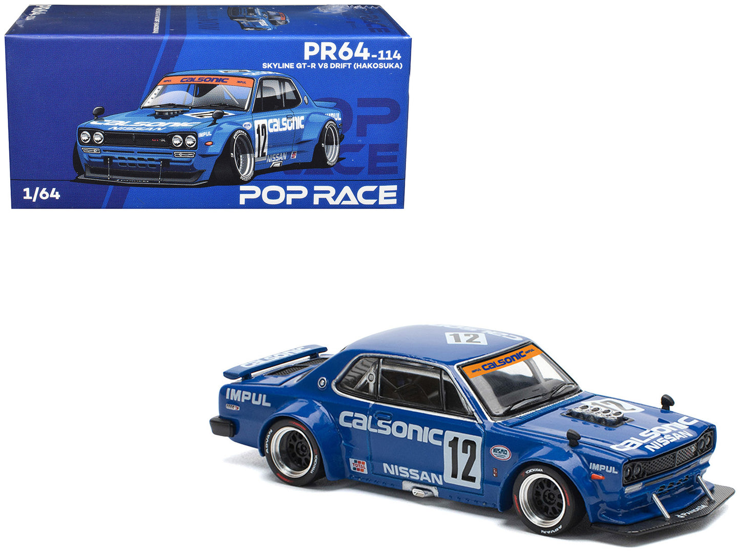 Skyline GT-R V8 Drift "Hakosuka" RHD (Right Hand Drive) #12 "Calsonic" Blue with Graphics 1/64 T&y Diecast Model Car by Pop Race