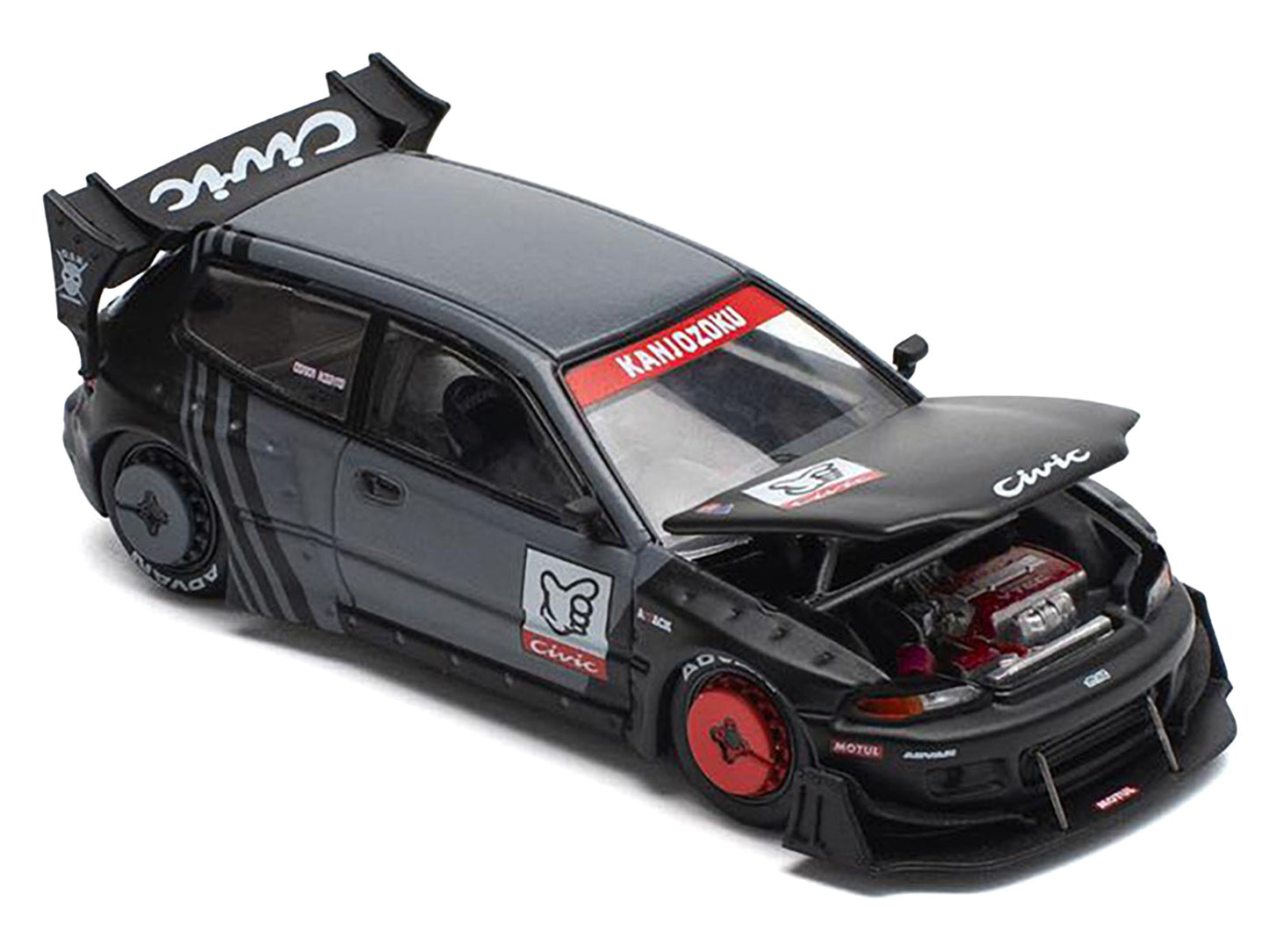 Pandem Civic EG6 RHD (Right Hand Drive) "Kanjozoku" Matt Black and Gray with Graphics 1/64 T&y Diecast Model Car by Pop Race