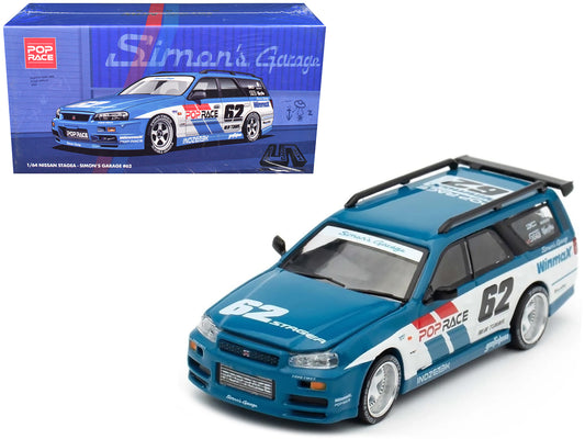 Nissan Stagea RHD (Right Hand Drive) #62 "Simon's Garage" Blue with White Sides 1/64 T&y Diecast Model Car by Pop Race