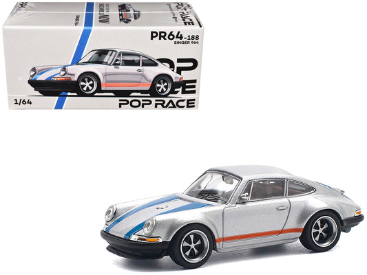 Singer 964 Silver Metallic with Blue and Red Stripes 1/64 T&y Diecast Model Car by Pop Race
